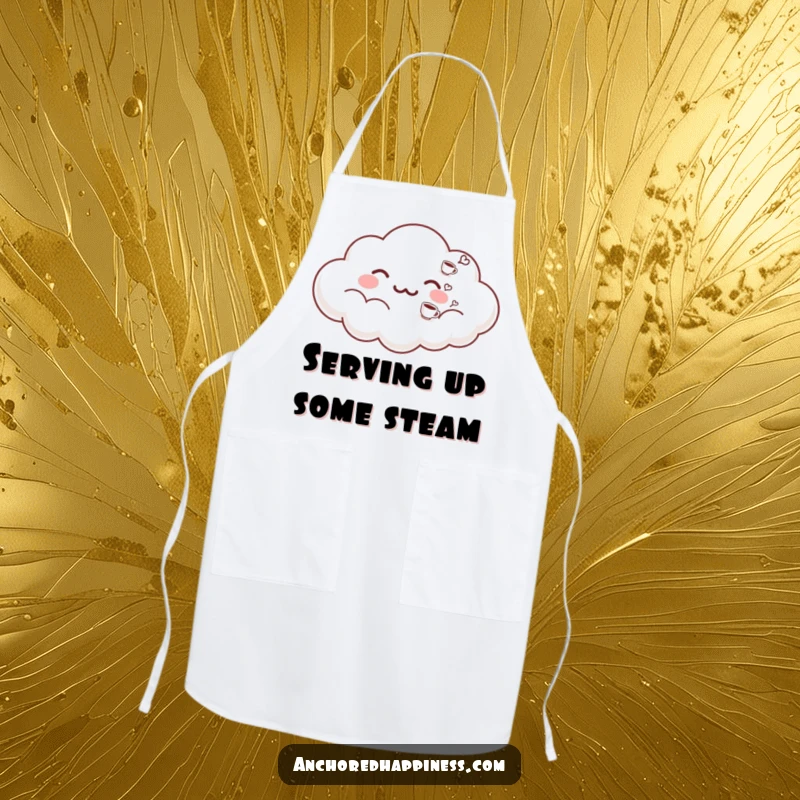 Funny apron featuring a happy cloud exhaling miniature coffee cups. Ideal for coffee-themed cooking or baking. Humorous kitchen accessory.