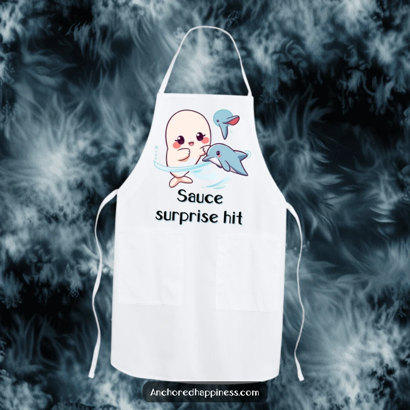 Funny kawaii dolphin surprise apron, character surprised, pointing at dolphin, cooking and ocean theme, humorous kitchen wear gift.