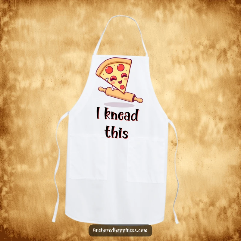 Funny apron featuring a winking pizza slice balancing on a rolling pin. Humorous kitchen accessory for pizza-loving cooks. Great design.