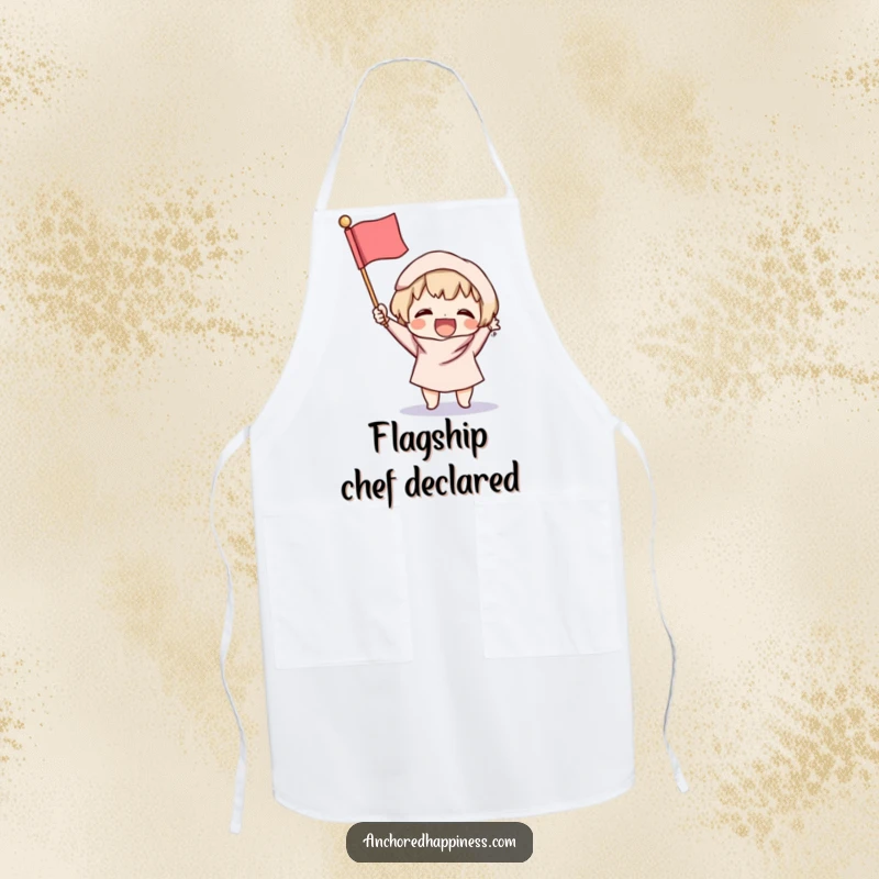 Funny Victory Apron: Small character excitedly brandishes a tiny, fluffy flag, perfect for keeping messes away with a smile and a cheer.
