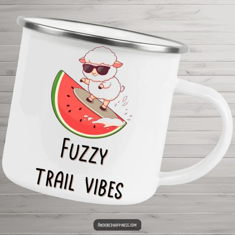 Funny sheep wearing sunglasses surfing a giant watermelon slice, designed for outdoor humor.