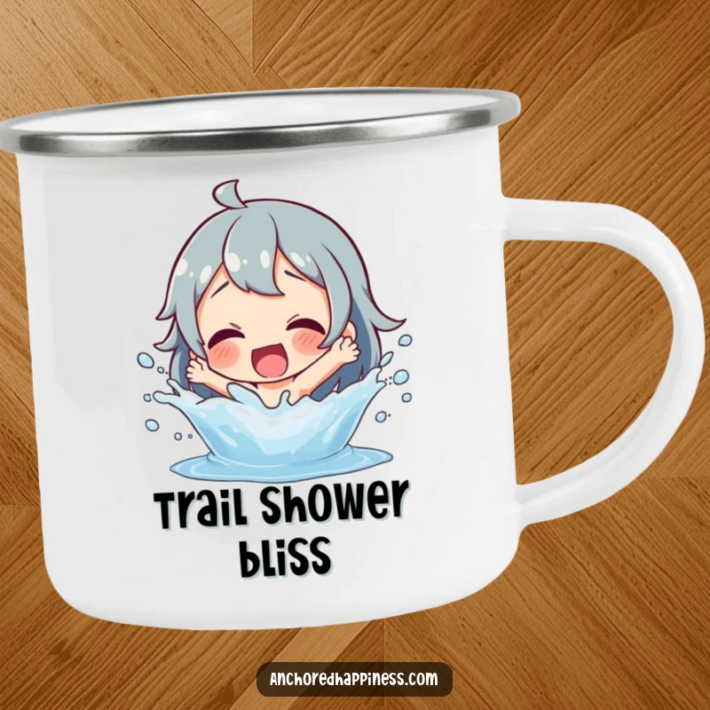 Funny splashing fun enamel camping mug with a delighted character joyfully splashing water, made for outdoor amusement.