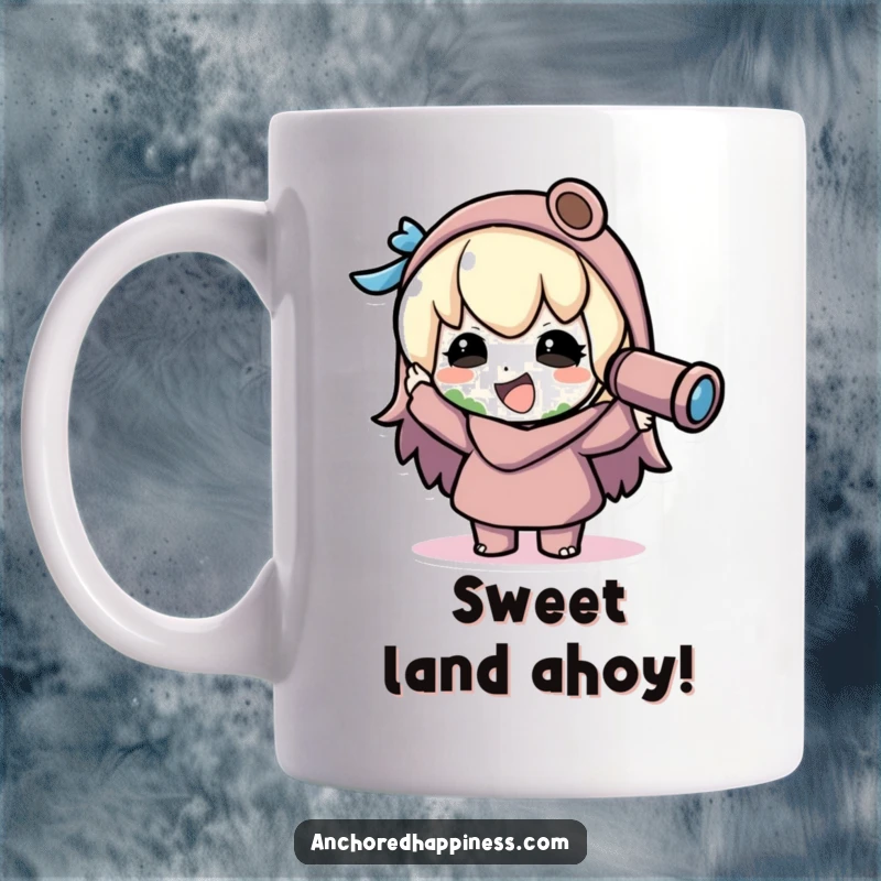 Funny kawaii explorer mug ceramic, character joyfully spots land through a spyglass, celebrating discovery with a smile, perfect adventurous gift.
