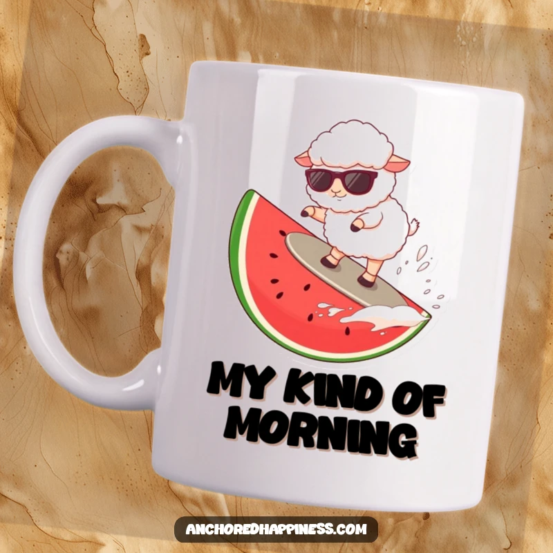 Funny fluffy white sheep wearing sunglasses, surfing a giant watermelon slice with a determined, cool expression.