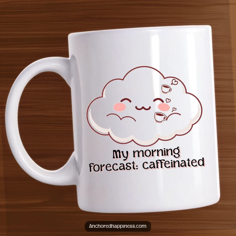Funny cloud mug exhaling miniature coffee cups, representing a peaceful and happy morning coffee experience. Perfect graphic for coffee lovers.
