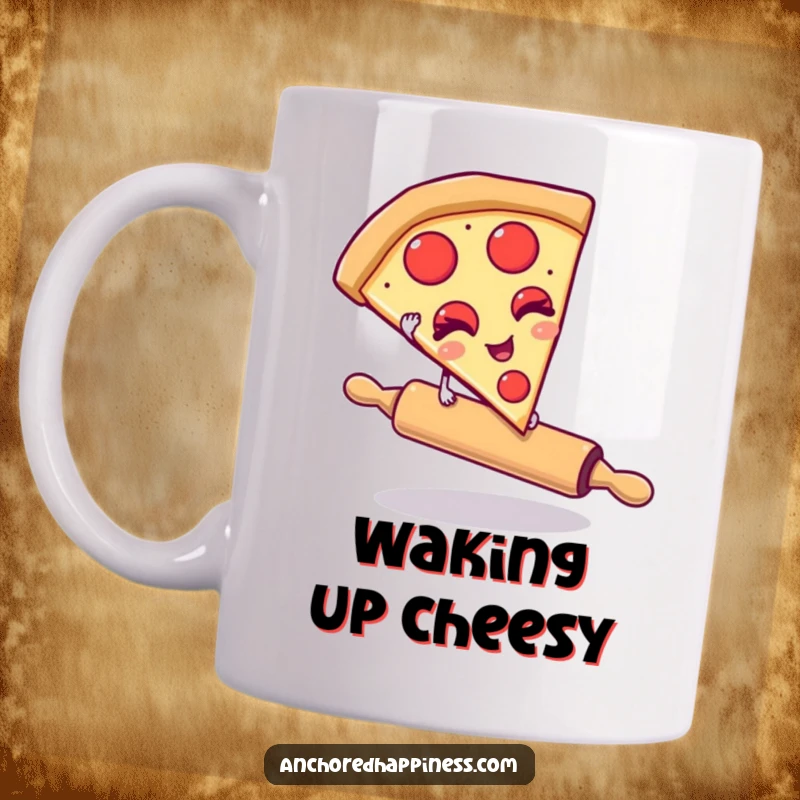 Funny pizza slice mug showing a slice winking while balancing on a rolling pin. Humorous foodie design for pizza lovers. Great gift idea.