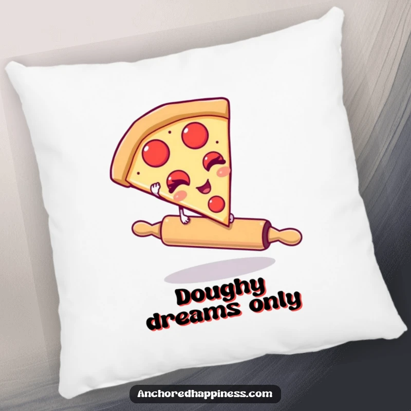 Funny pillow showing a winking pizza slice balancing on a rolling pin. Soft, humorous decor for food enthusiasts. Cozy and comical.