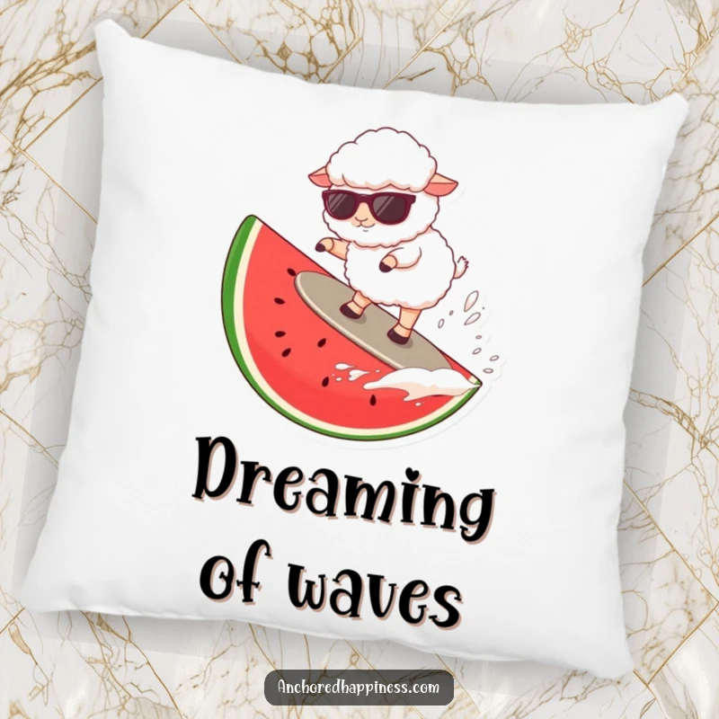 Funny sheep wearing sunglasses surfing a giant watermelon slice, a humorous pillow for cozy comfort.