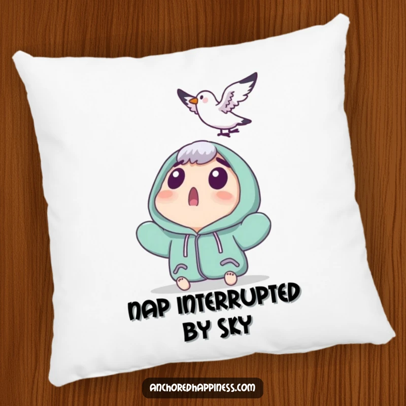 Funny pillow featuring a surprised character looking up at a tiny seagull landing, offering comfort and a humorous, unexpected visual.
