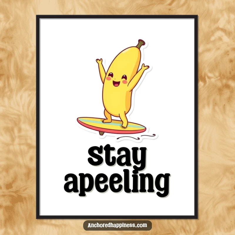 Funny smiling banana doing a handstand on a tiny surfboard, high-resolution art for humorous decor.