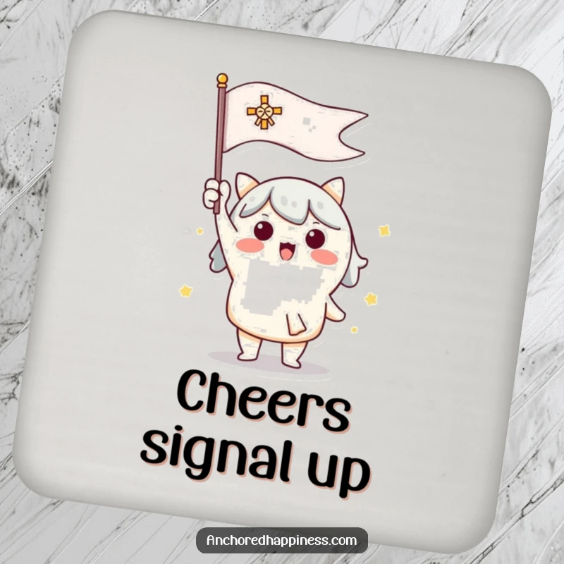 Funny drink coasters featuring a cute character enthusiastically raising a signal flag, adding spirited humor.