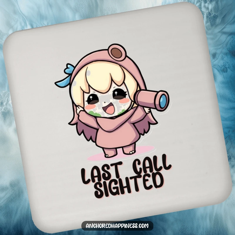 Funny kawaii explorer coasters, character joyfully spots land through spyglass, protecting surfaces, humorous drink accessory, set of coasters gift.