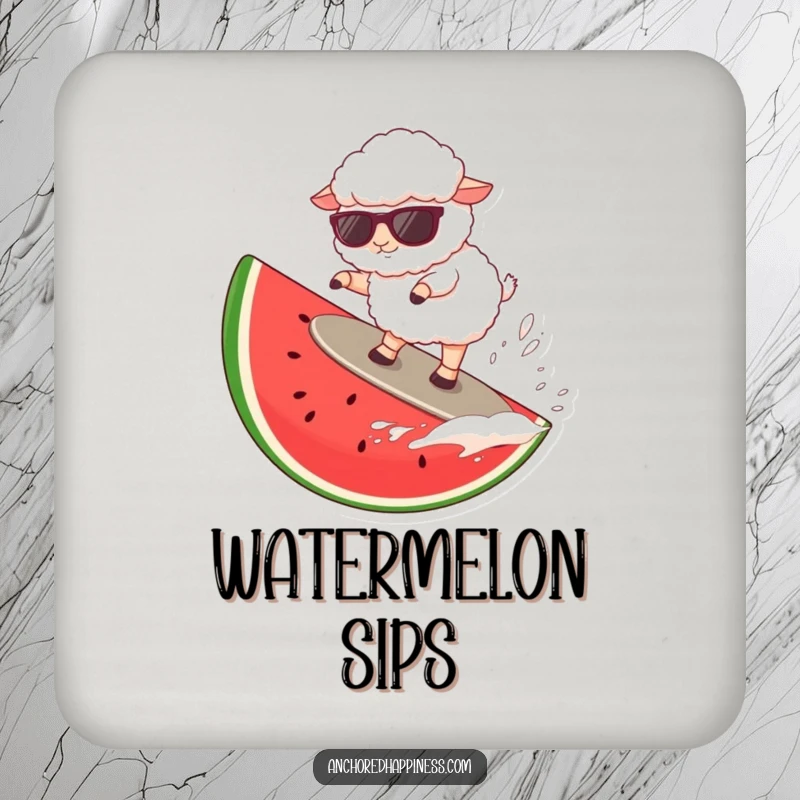 Funny sheep wearing sunglasses surfing a giant watermelon slice, a humorous coaster design.