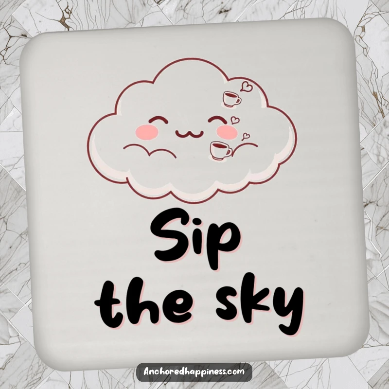Funny drink coaster featuring a contented cloud exhaling tiny coffee cups. A small but humorous accessory for any coffee table. Protects surfaces.