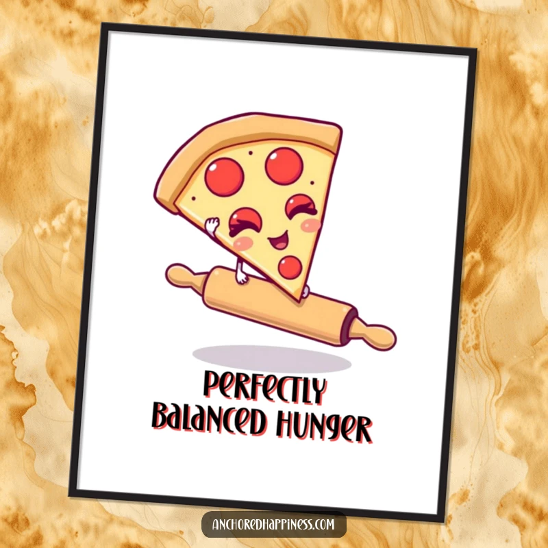 Funny poster art of a pizza slice winking while balancing on a rolling pin. Whimsical food-themed decor for any room. Great wall art.