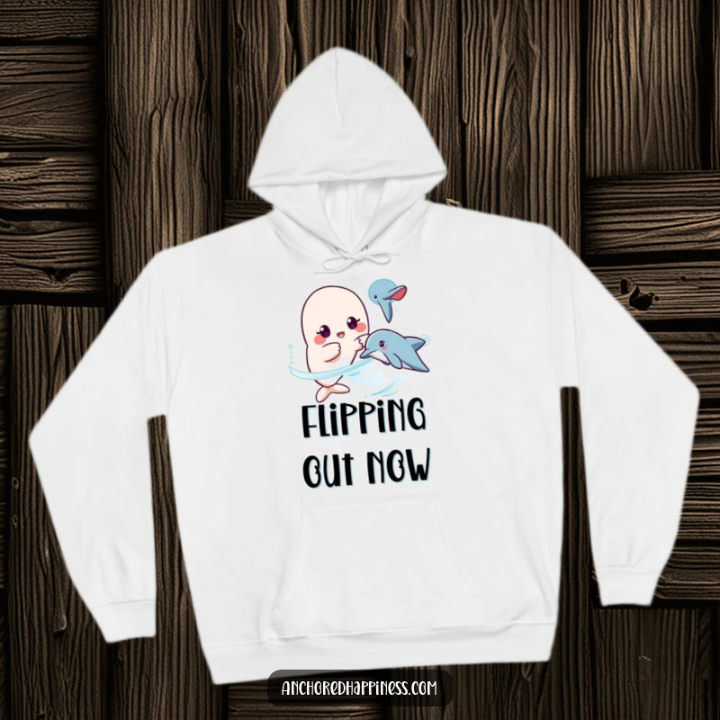Funny kawaii dolphin surprise hoodie, character surprised, pointing at passing dolphin, warm and soft, humorous ocean theme, funny gift.