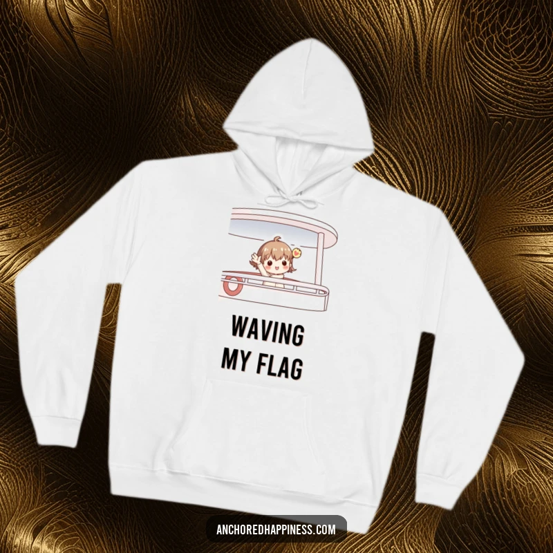 Funny hoodie featuring a charming figure enthusiastically waving their hand from a boat deck, offering warmth and a cheerful nautical theme.