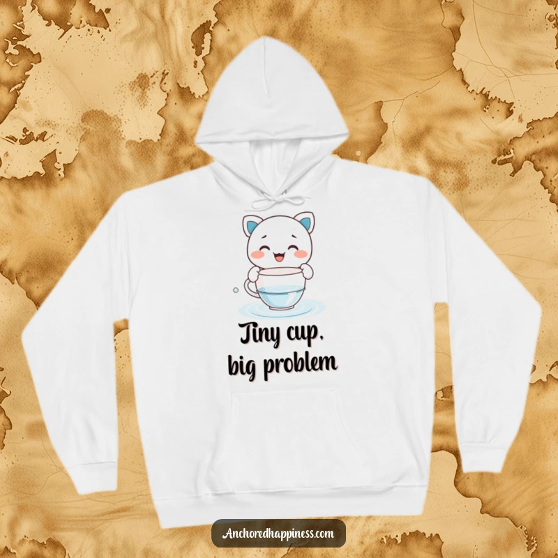 Funny hoodie depicting a grinning character humorously bailing water with a tiny teacup, designed for comfort and a chuckle.
