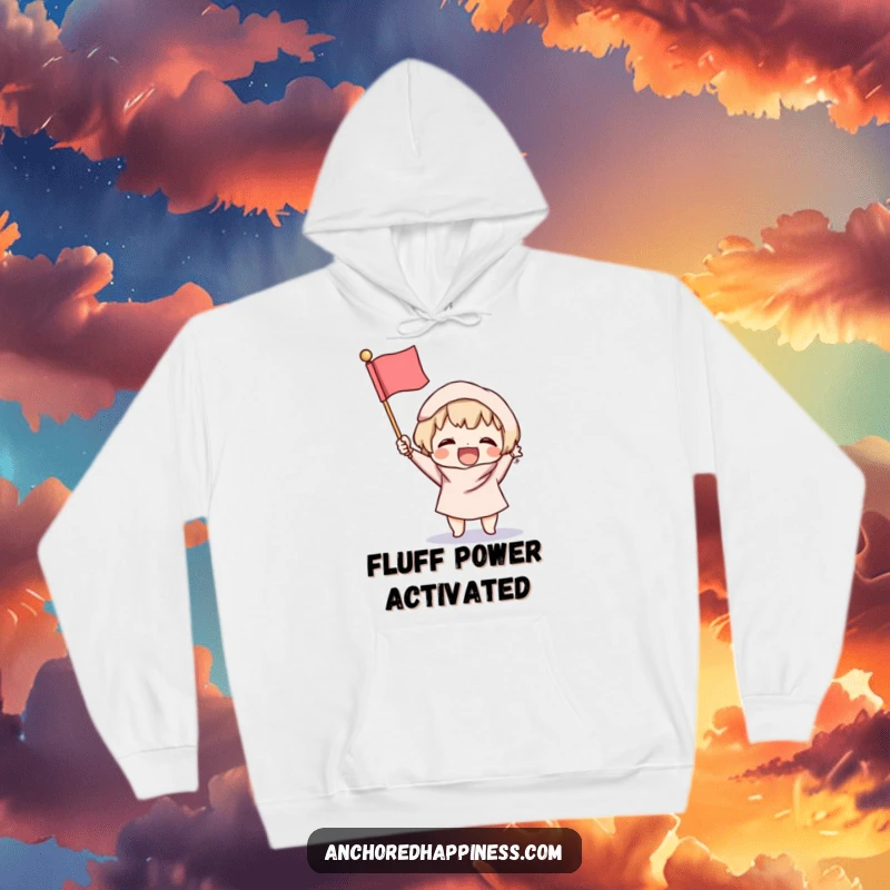 Funny Victory Hoodie: Small character excitedly brandishes a tiny, fluffy flag, offering cozy comfort and a symbol of cheerful celebration.