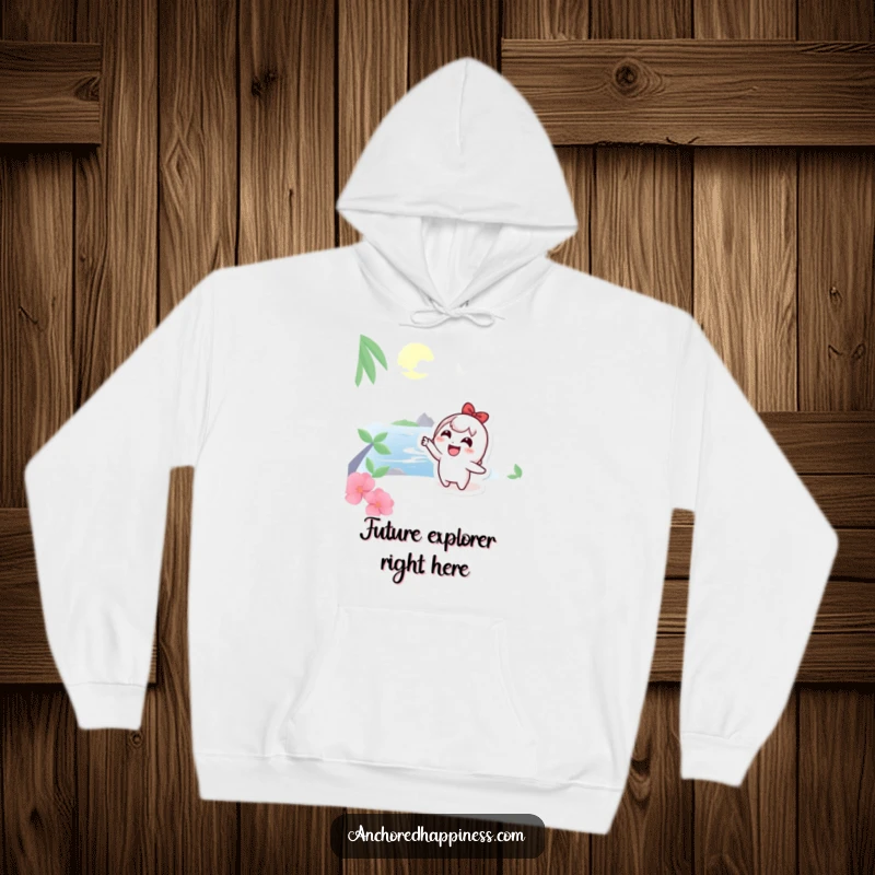 Funny Hoodie: Cute character pointing at a tropical island, inspiring adventure and dreams, making a warm and funny gift.