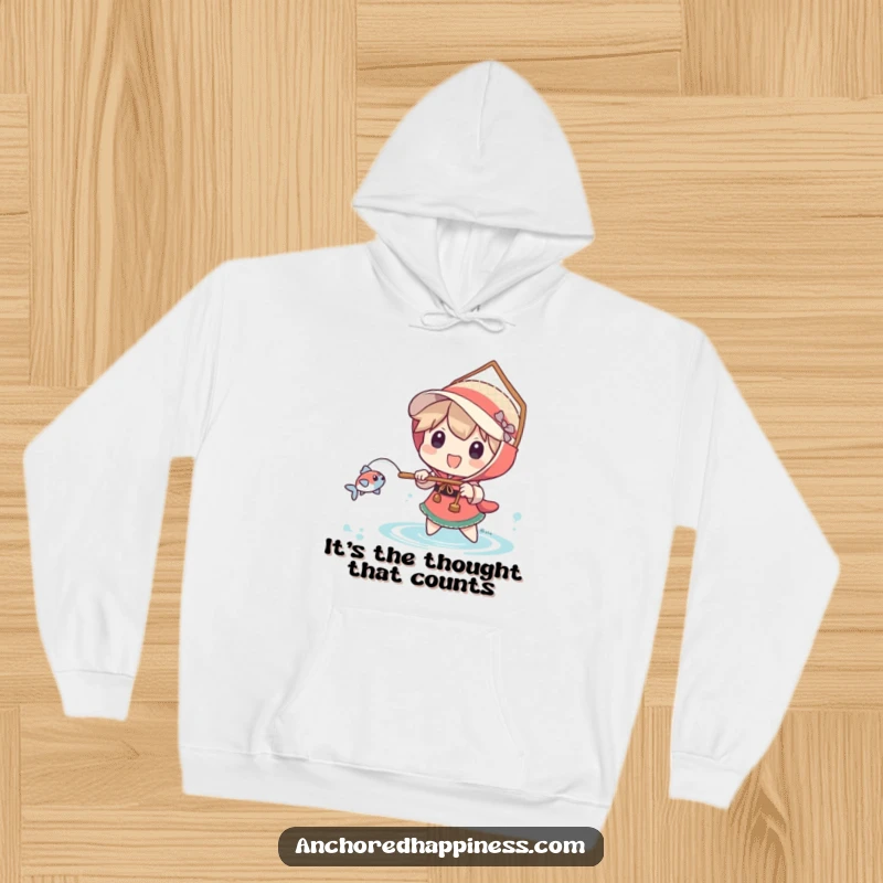 Funny hoodie illustration of a character happily using an oversized net for a minuscule fish, capturing fishing's funny side.