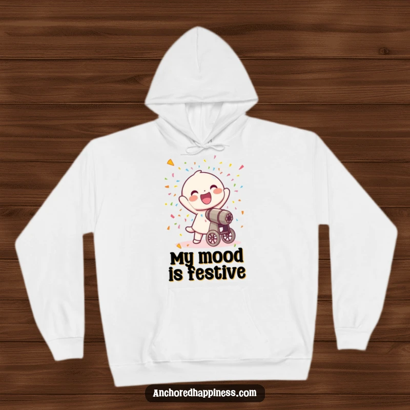 Funny hoodie print of a joyful character firing a confetti cannon, with colorful confetti everywhere.