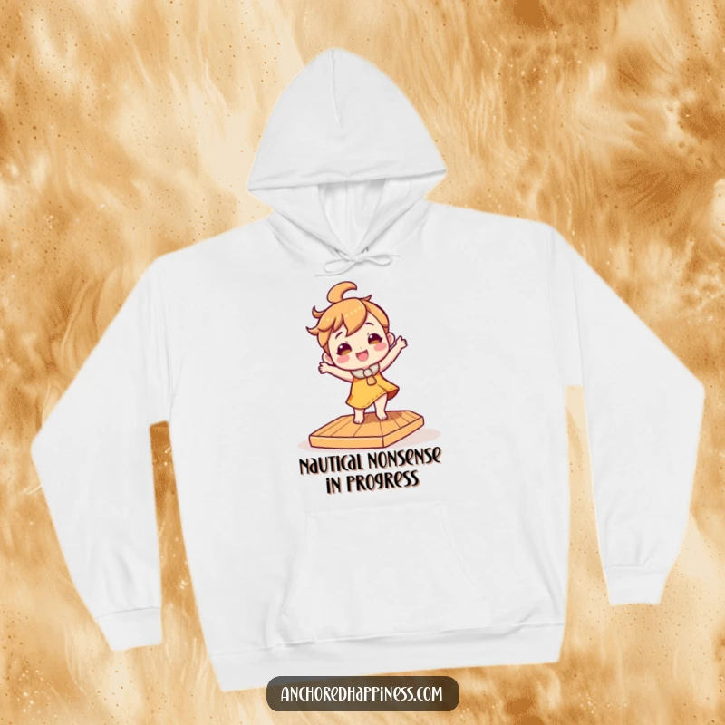Funny hoodie illustration of a character doing a jubilant dance on a slightly unstable, tilted wooden deck, capturing carefree fun.