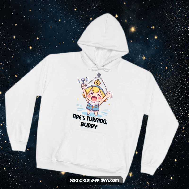 Funny anchor cheer hoodie depicting a jubilant character proudly holding a tiny anchor, exuding pure excitement and nautical spirit.