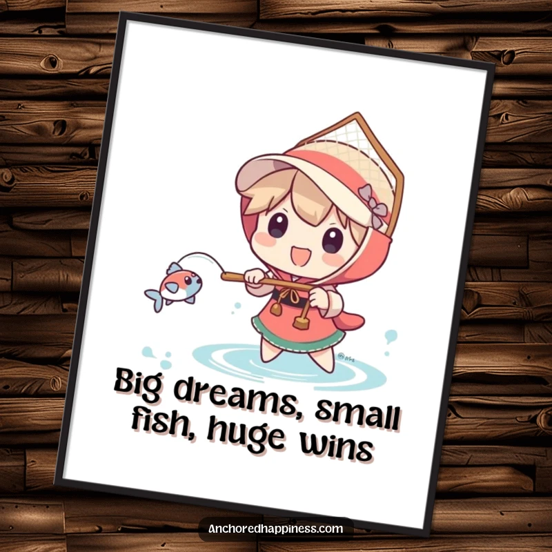 Funny Free Printable Wall Art: Character happily wields a comically large net to catch a tiny fish, a funny moment.