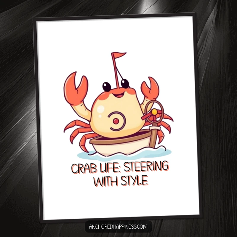 Funny Free Printable Wall Art: A crab joyfully steering a miniature yacht with its tiny pincers, embodying nautical adventure.