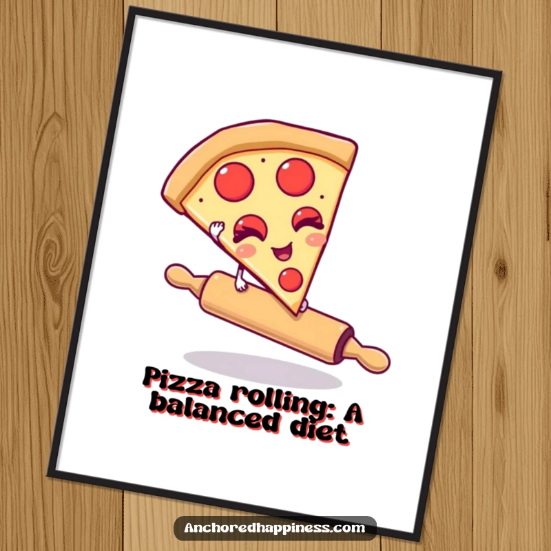 Funny Free Printable Wall Art: A pizza slice winking flirtatiously while balancing on a rolling pin, adding fun decor.