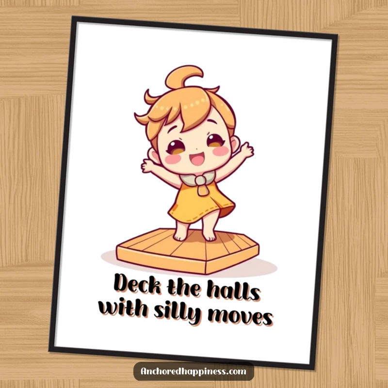 Funny Free Printable Wall Art: Character busting a silly dance move on a slightly tilted deck, radiating pure joy.