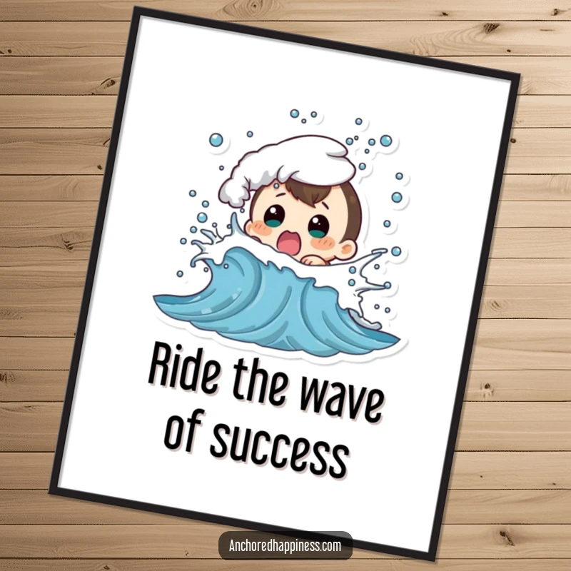Funny Free Printable Wall Art: Character looks shocked as a playful wave splashes them, capturing a moment of surprise.