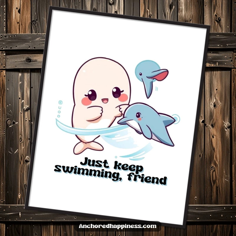 Funny Free Printable Wall Art: surprised kawaii character pointing at a passing dolphin in a charming ocean scene.