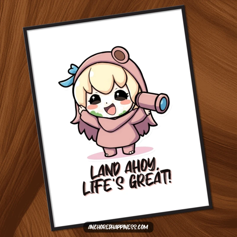 Funny Free Printable Wall Art: kawaii character joyfully using a spyglass to spot land in a whimsical scene.