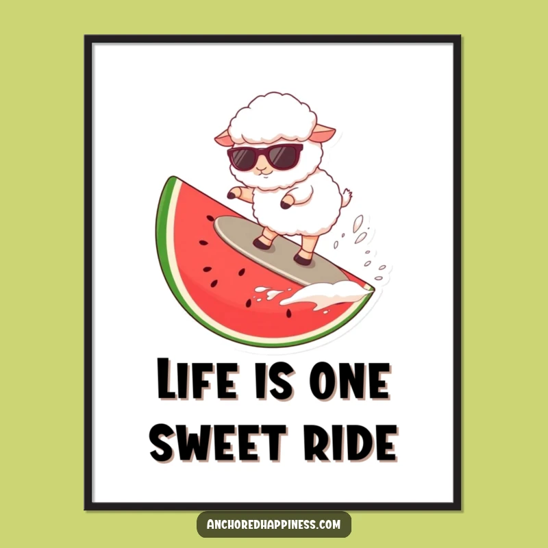 Funny Free Printable Wall Art: Surfing Sheep - Watermelon Vibes Downloadable Decor