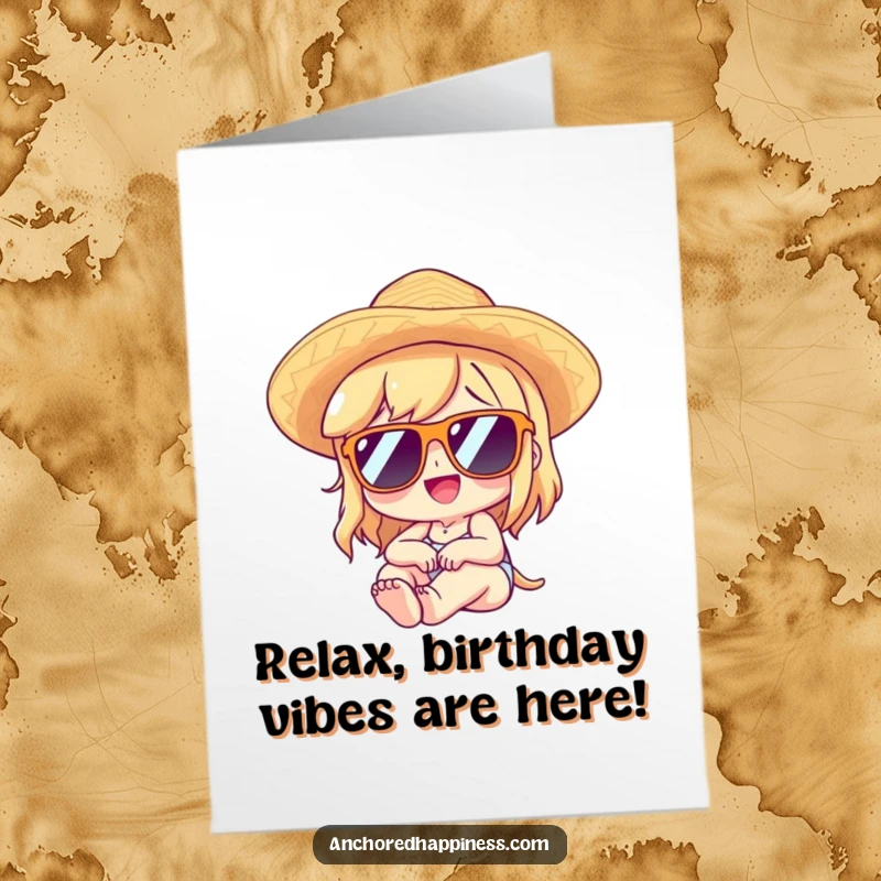 Funny Free Printable Birthday Card: Character in sunglasses and straw hat lounges with delight, celebrating a birthday.