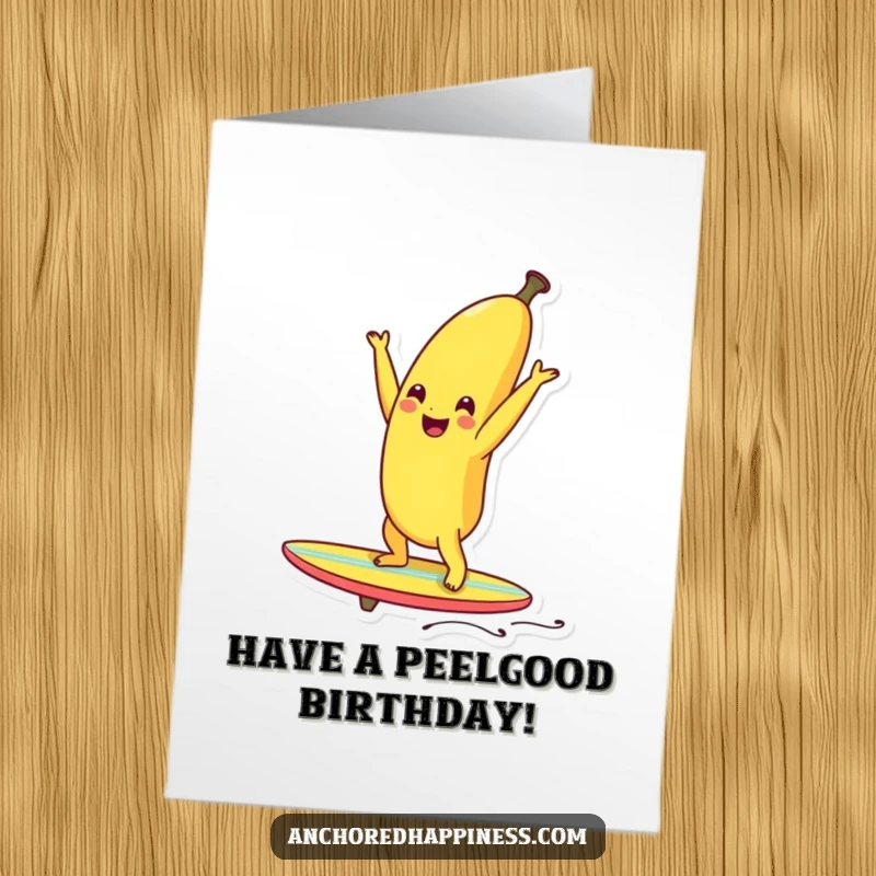 Funny Free Printable Birthday Card: Smiling banana doing a handstand on a tiny surfboard. Quirky and fun. DIY card.