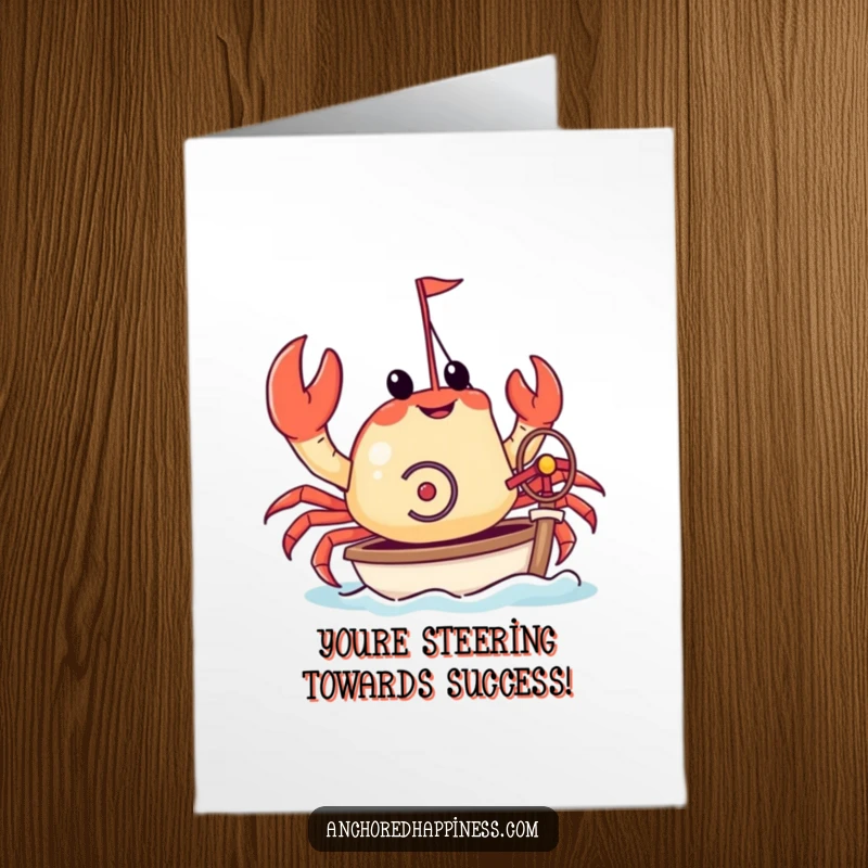 Funny Free Printable Congratulations Card: A crab captain joyfully steering a tiny yacht with its pincers, celebrating an achievement.