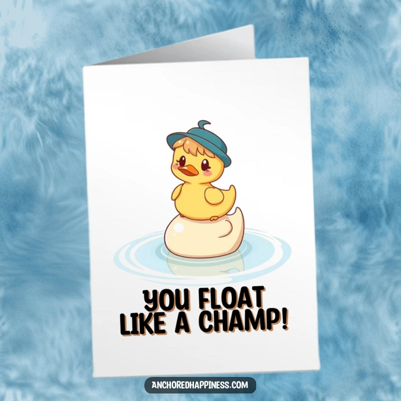 Funny Free Printable Congratulations Card: Character humorously balancing on a rubber ducky in water, celebrating success.