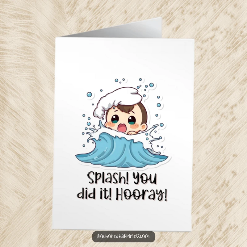Funny Free Printable Congratulations Card: Character looks shocked as a playful wave splashes them, a humorous victory.