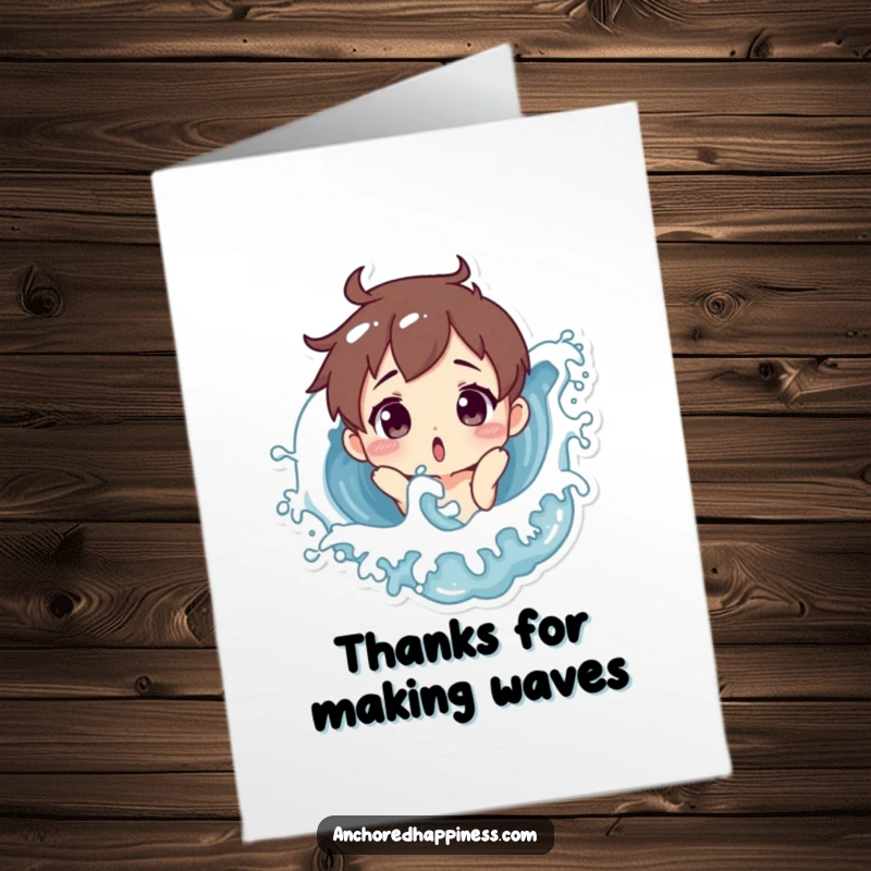 Funny Free Printable Thank You Card: Character being playfully splashed by a wave, expressing thanks with a humorous twist.