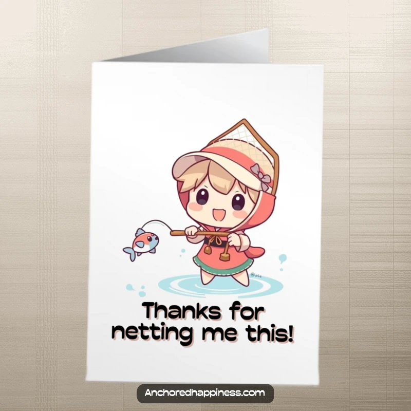 Funny Free Printable Thank You Card: Character happily uses a comically large net to catch a small fish, expressing thanks.