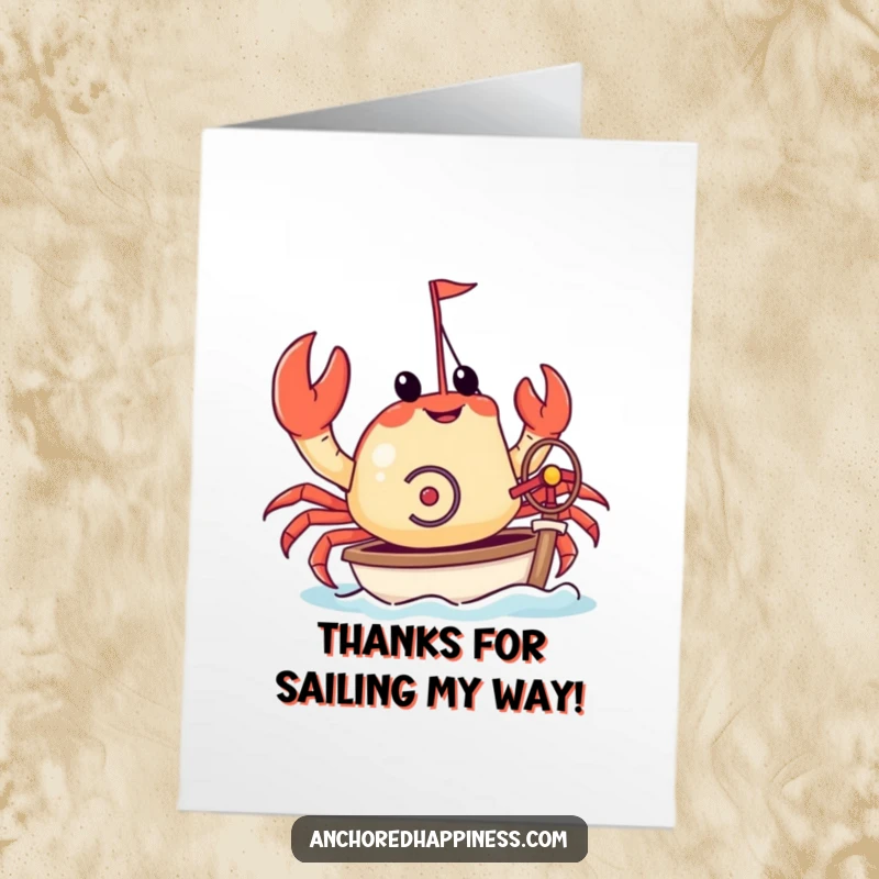 Funny Free Printable Thank You Card: A crab joyfully steering a tiny yacht with its pincers, sending thanks with a smile.