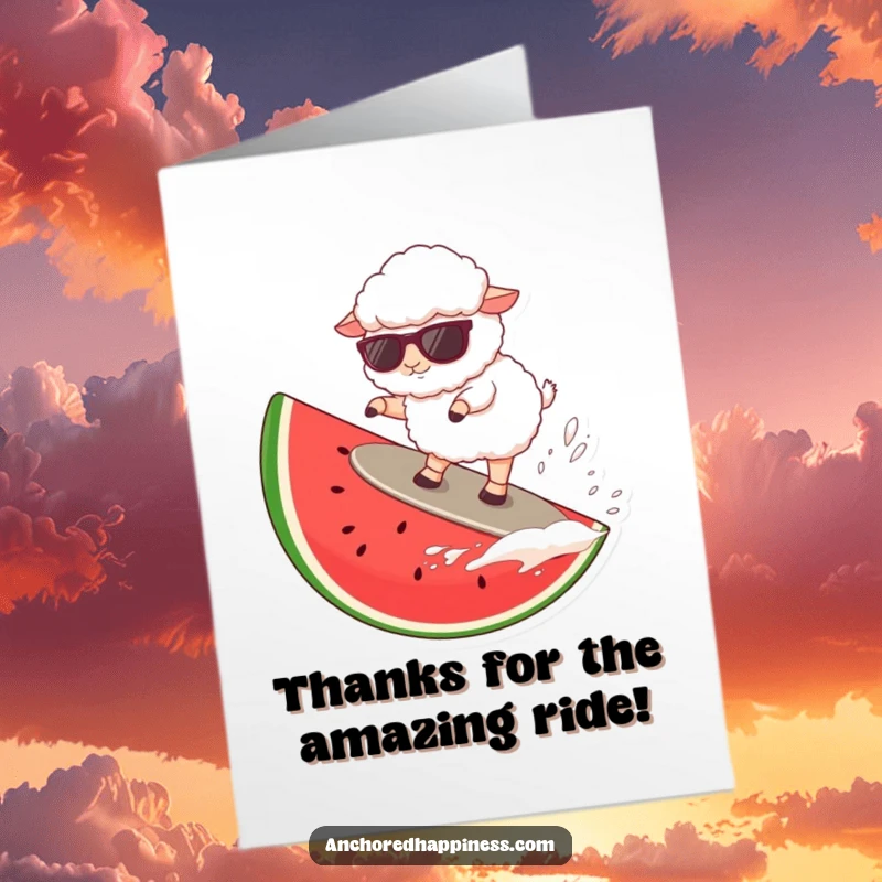 Funny Free Printable Thank You Card: Sheep in sunglasses surfs a giant watermelon slice, expressing thanks. DIY card.
