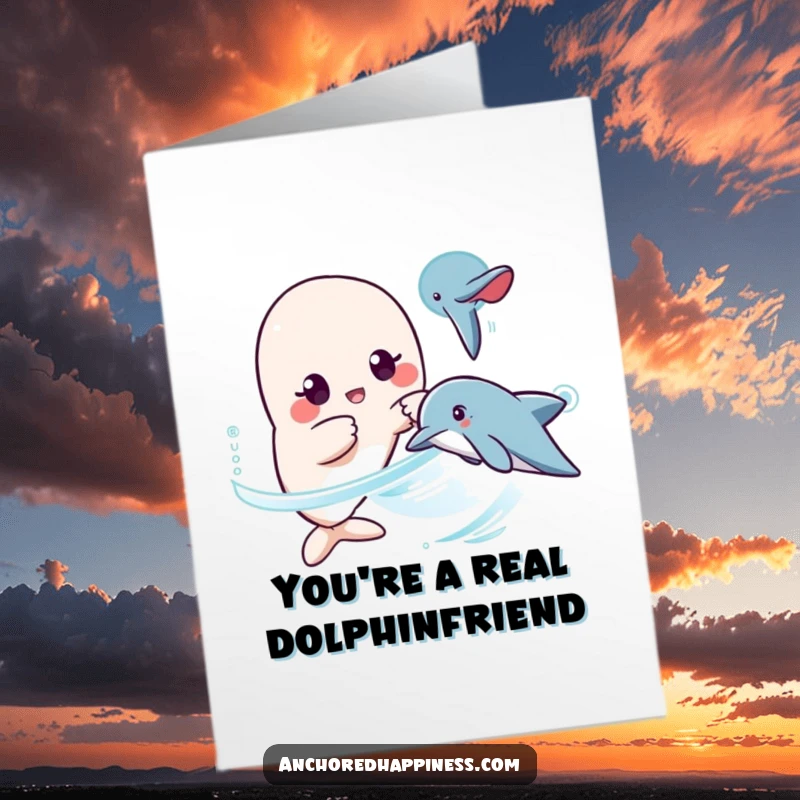 Funny Free Printable Thank You Card: surprised kawaii character pointing at a dolphin, a moment of shared joy.