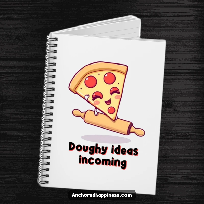 Funny notebook cover with a winking pizza slice balancing on a rolling pin. Humorous food-themed journal for jotting ideas. Great stationary.