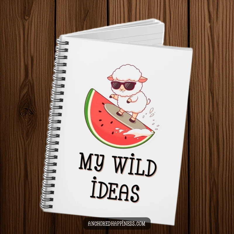 Funny sheep wearing sunglasses surfing a giant watermelon slice, perfect for jotting notes with humor.