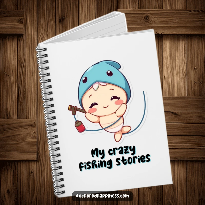 Funny notebook with a cute character smiling cheerfully while humorously tangled in fishing line, ready for notes.