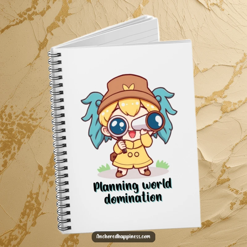Funny notebook with a cute character holding a spyglass, excitedly looking ahead, perfect for jotting down ideas.